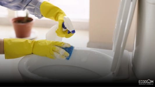 Une femme de ménage qui essaie d'enlever le tartre des WC