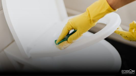 Une femme de ménage qui essaie d'enlever le tartre des WC