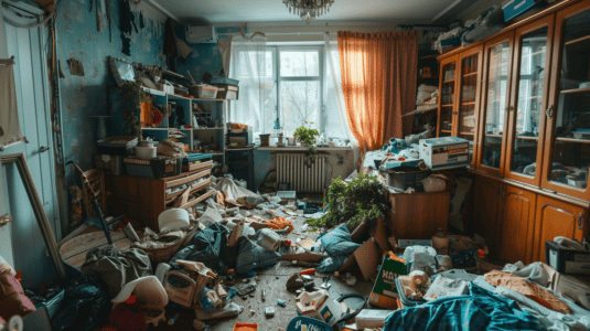 Appartement moderne avec beaucoup de déchets, représentant le syndrome de Diogène 